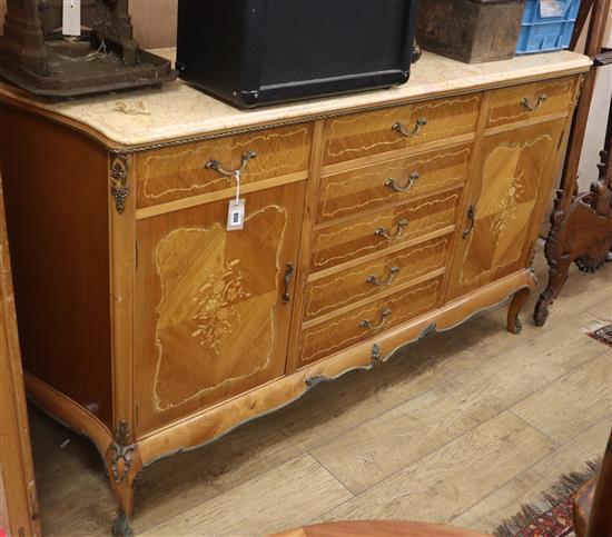 A Louis XVI design marble top inlaid sideboard W.170cm